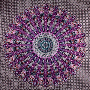 May include: A purple and black mandala tapestry with a circular design featuring paisley patterns and elephants. The mandala is surrounded by a smaller, repeating pattern.