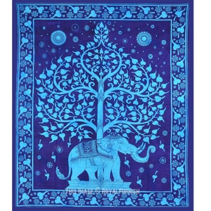 May include: A blue tapestry with a light blue tree of life design and an elephant standing beneath it. The tree has many leaves and branches. The elephant has a decorative saddle and a trunk raised in the air. The tapestry has a dark blue border with a repeating pattern of flowers and leaves.