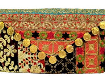 Handmade Ethnic Indian Antique Designer Gold Coin Envelope Clutch/Sling Bag with Zari Work for Girls/Women Wedding Party Clutch BAG101