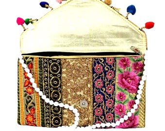 Handmade Ethnic Indian Antique Designer Embroidered Multi-color Sequins Hippie Boho Body Shoulder Handbag Wedding Party Clutch BAG106