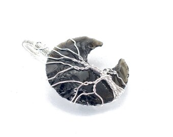 Reiki Natural Black Obsidian Moon Shaped Tree of Life Rough Cut Pendant for Harmony Vastu Natural Precious Gemstone Size 30-35 mm Approx