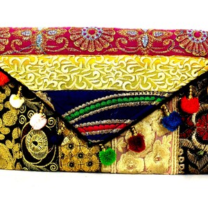 Bolso de mano estilo étnico indio antiguo, hecho a mano, con bordado de lentejuelas multicolor, estilo hippie bohemio, para boda, fiesta, bolso de mano BAG125