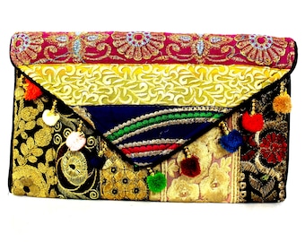 Handmade Ethnic Indian Antique Designer Embroidered Multi-color Sequins Hippie Boho Body Shoulder Handbag Wedding Party Clutch BAG125