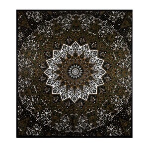 May include: A black tapestry with a large, intricate, circular design in shades of brown, white, and black. The design features a central starburst with paisley patterns.