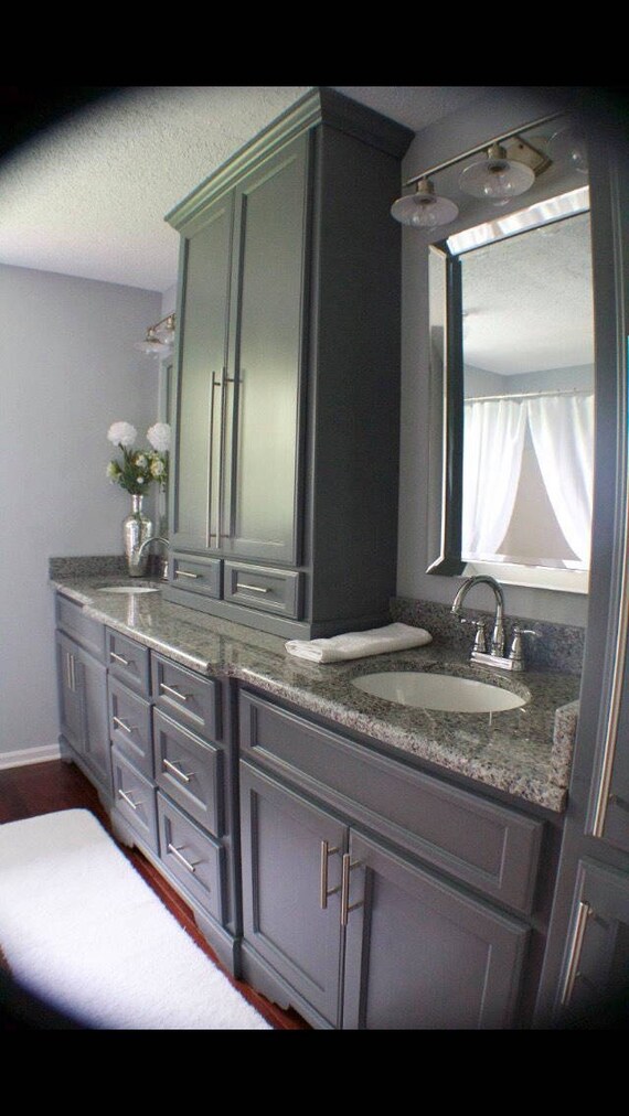 Bathroom Vanity Cabinet With Tower Gray Bathroom Vanity Cabinet, 72 Inch Double Vanity With Center Tower Cabinet