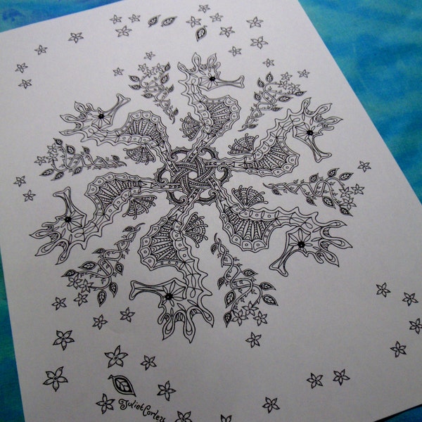 Seahorse Snowflake... colouring page, for adult colorists