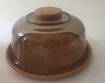 Vintage Retro 1970s 70s Arcoroc glass & wood cheese board with dome cloche - Kitchenalia