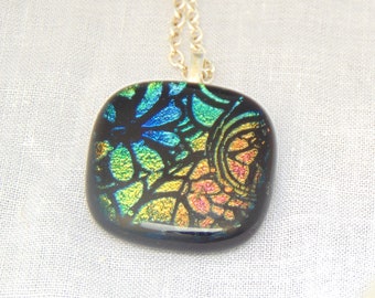 Dichroic Fused Floral Pattern Glass Pendant/Necklace