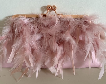 Bolso clutch de plumas rosas, clutch rosa de plumas de avestruz, bolso de noche, bolso clutch rosa para boda, clutch nupcial, bolso dama de honor.