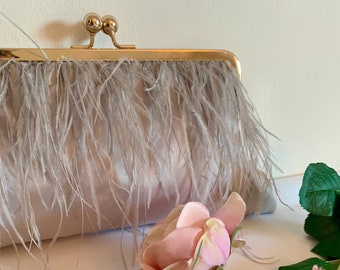 Silver Ostrich feather clutch purse, clutch bag, Evening bag, bridal, bridesmaid purse.