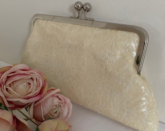 Ivory Bridal Sequin purse, clutch bag in all over sequins with Nickel frame.