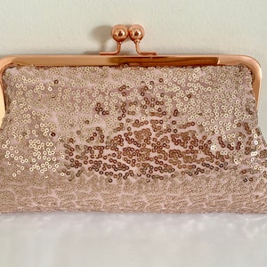 Handmade Rose Gold Sequin Clutch, Evening Bag with Kiss Lock closure image 6