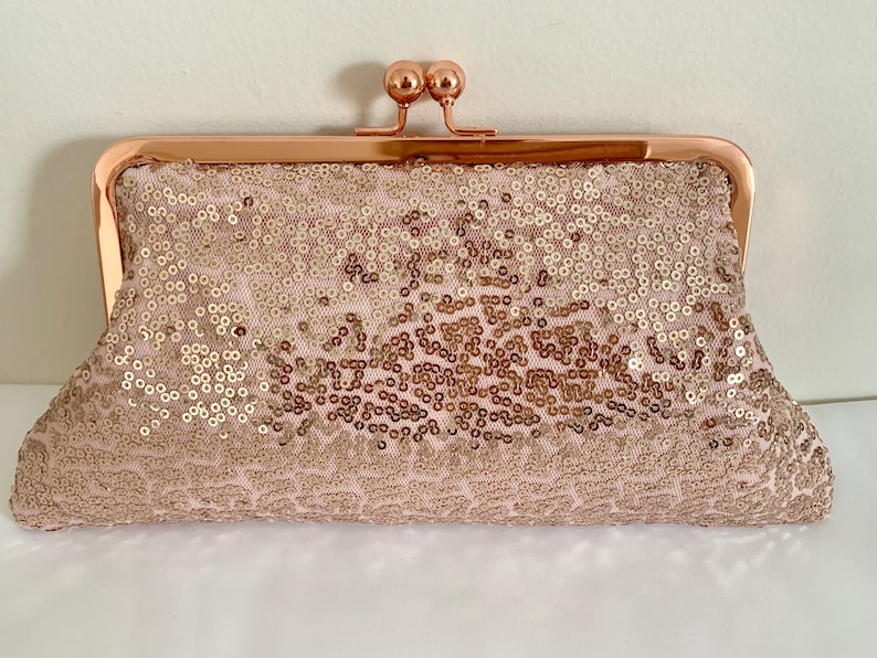Handmade Rose Gold Sequin Clutch, Evening Bag with Kiss Lock closure image 6