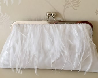 White Ostrich Feather Clutch, Satin Wedding Purse, Bridal Handbag