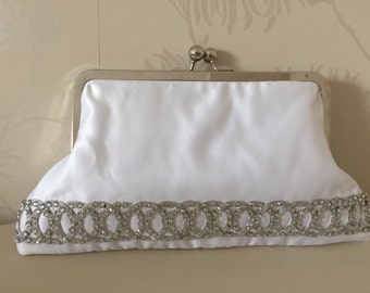 Wedding purse, Bridal clutch bag in beautiful ice white satin with Silver rhinestone trim.