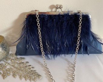 Navy Feather Clutch Purse, Handmade Satin Evening Bag