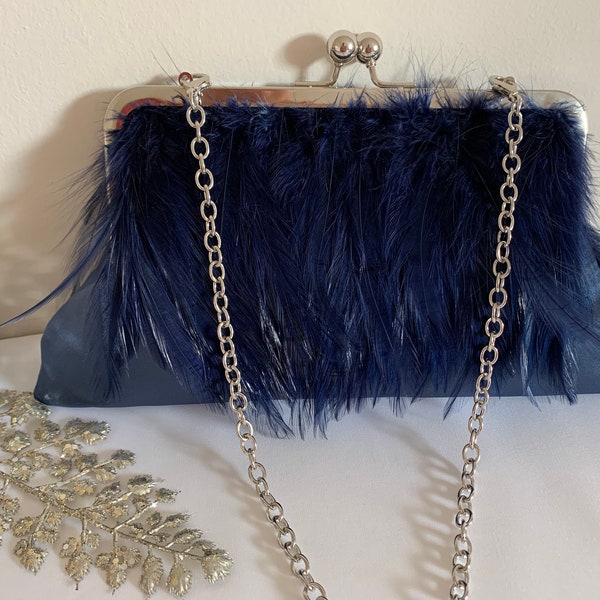 Navy feather clutch purse, mother of the bride clutch bag, Blue evening bag, bridal feather purse, bridesmaid purse, Navy feather clutch bag