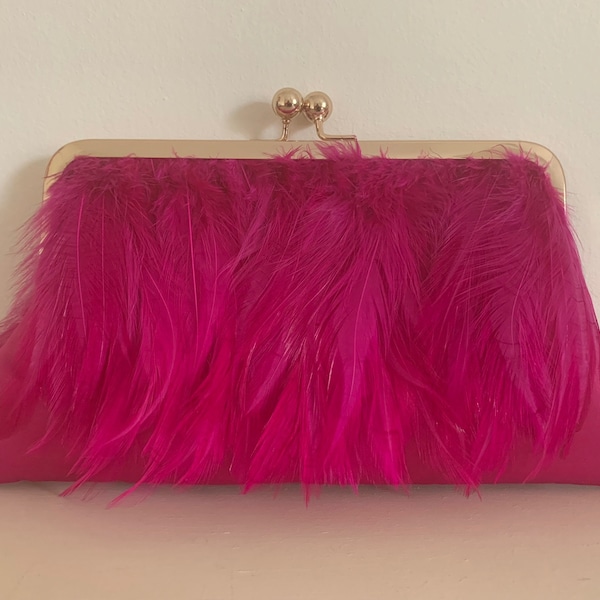 Sac à main d’embrayage en plumes Fuschia, sac d’embrayage mère de la mariée, sac de soirée, mariée, sac à main de demoiselle d’honneur.