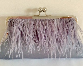 Grey Ostrich feather clutch purse, clutch bag, Evening bag, bridal, bridesmaid purse.