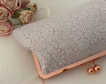 Bridal Sequin purse, clutch bag in white sequins with blush satin back.