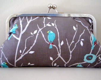 Grey clutch purse, Woodland Bird Printed cotton fabric in Grey.