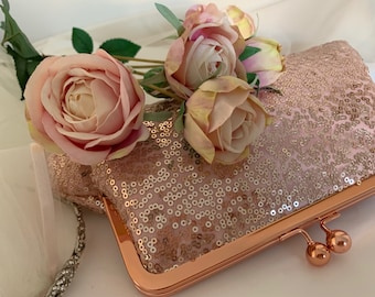 Sequin Rose gold and pink bridal clutch purse