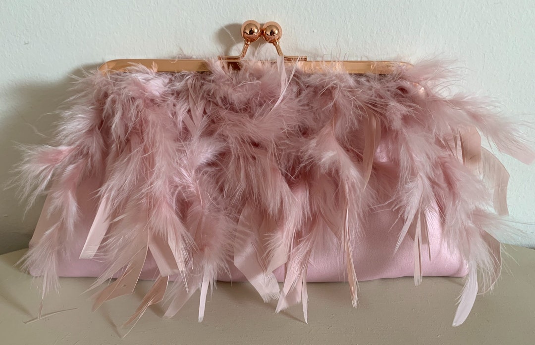Pink Feather Clutch Bag, Ostrich Feather Pink Clutch, Evening Purse