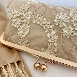 Champagne & Ivory Bridal clutch bag in beautiful embroidered sequin embellished fabric.