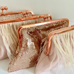 Handmade Rose Gold Sequin Clutch, Evening Bag with Kiss Lock closure image 7