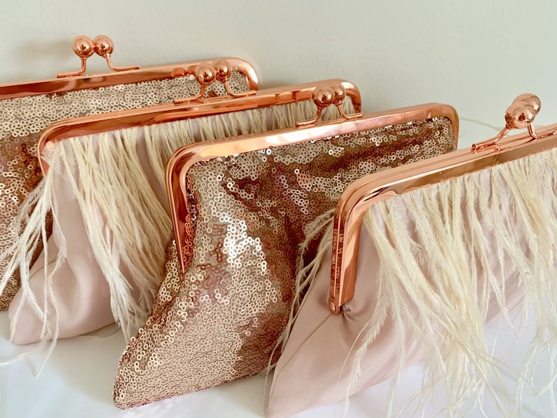 Handmade Rose Gold Sequin Clutch, Evening Bag with Kiss Lock closure image 7
