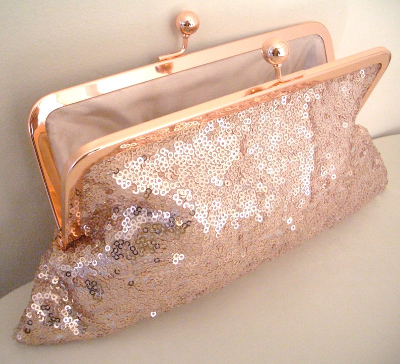 Handmade Rose Gold Sequin Clutch, Evening Bag with Kiss Lock closure image 3