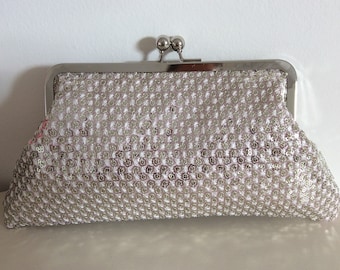Bridal clutch, Bridesmaid purse, Silver Sequins with blush satin lining
