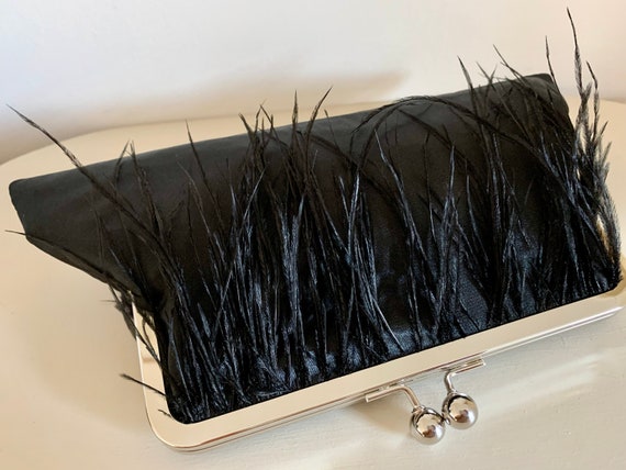 Black Feather Purse, Ostrich Feather Clutch, Black Evening Bag