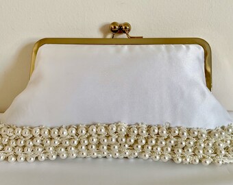 White bridal clutch purse, Wedding purse in beautiful ice white satin with Mother of Pearl Beaded trim.