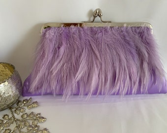 Lilac feather clutch purse, Evening bag, mother of the bride clutch bag, bridal, bridesmaid purse.