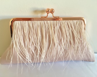 Ostrich feather blush purse, clutch bag, bridal, bridesmaid purse.
