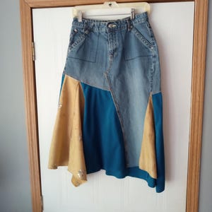 Upcycled denim jeans skirt embroidered ultra suade asymmetrical