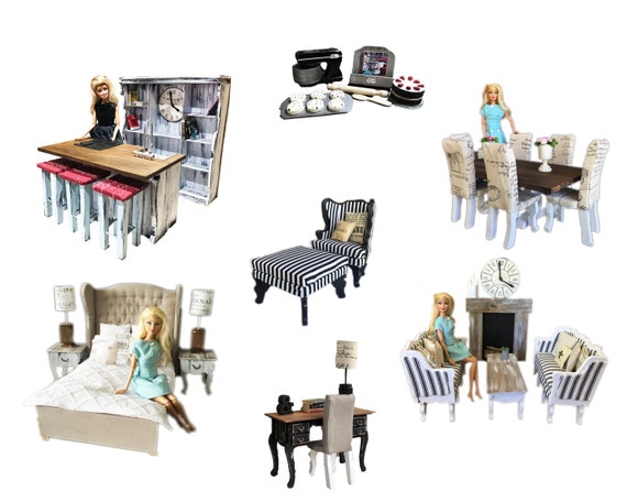 Minimolly Dollhouse Furniture Barbie Size Discounted Bundle 8 Sets Comb Postage Kitchen Dining Bedroom Loungeroom Armchair Desk Stool Chef