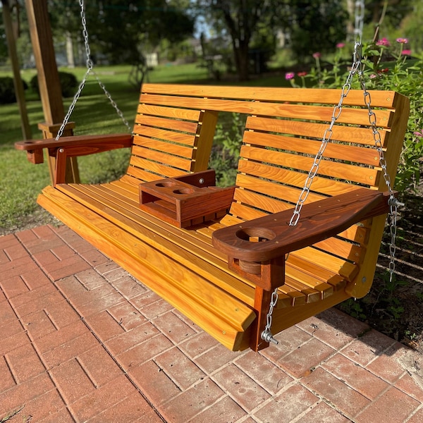 Porch Swing - Cypress Wood - Console and Armrest Cupholders - Stained & Sealed - Stainless Hardware and Comfort Springs - Christmas Gift