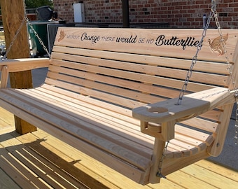 Engraved Porch Swing with Cup Holders - Handmade with Louisiana Cypress - Christmas Birthday Wedding Anniversary Gifts