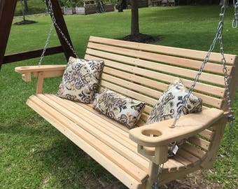 5 Ft Handmade Cypress Porch Swing with Cupholders Custom Engraving & Staining Available (FREE SHIPPING) - Mother's Day Gift - Wedding Gift