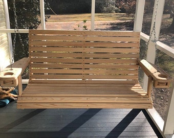 4 Ft Cypress Porch Swing with Cup Holders - Unique Adjustable Seating Angle - Custom Engraving & Stain Optional (FREE SHIPPING)