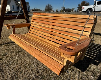 Same or Next Day Shipping - 5ft Porch Swing with Cup Holders - Select Cypress Wood - Clear Stain Finish - Stainless Steel Hardware