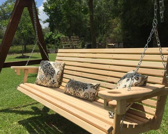 6 ft Cypress Porch Swing with Cup Holders (66" Seat) with Stainless Hardware / Custom Engraving & Staining Available (Free Shipping)