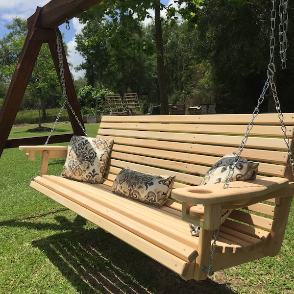 6 ft Cypress Porch Swing with Cup Holders (66" Seat) with Stainless Hardware / Custom Engraving & Staining Available (Free Shipping)