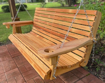 Cypress Porch Swing with Cup Holders - Select Cypress Wood - Stained & Sealed - Stainless Hardware and Comfort Springs Included