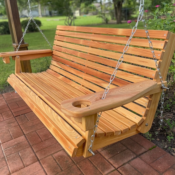 Cypress Porch Swing with Cup Holders - Select Cypress Wood - Stained & Sealed - Stainless Hardware and Comfort Springs Included