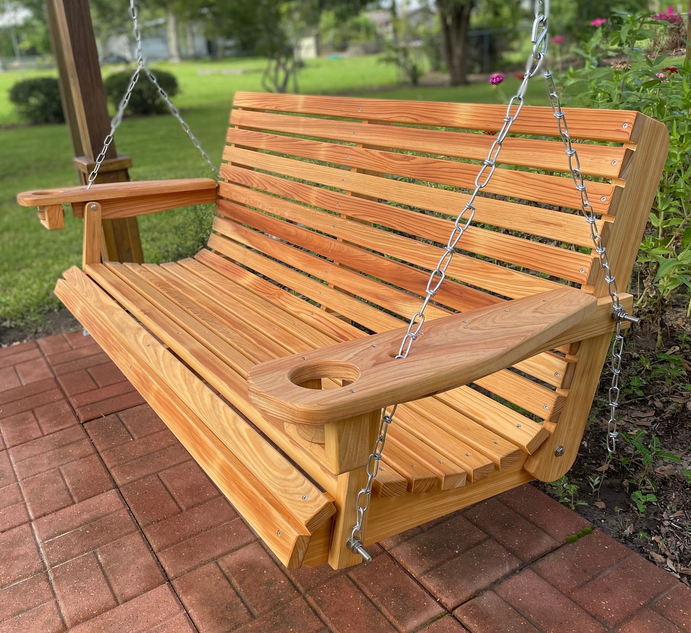 Handmade cypress porch cheap swing with cupholders