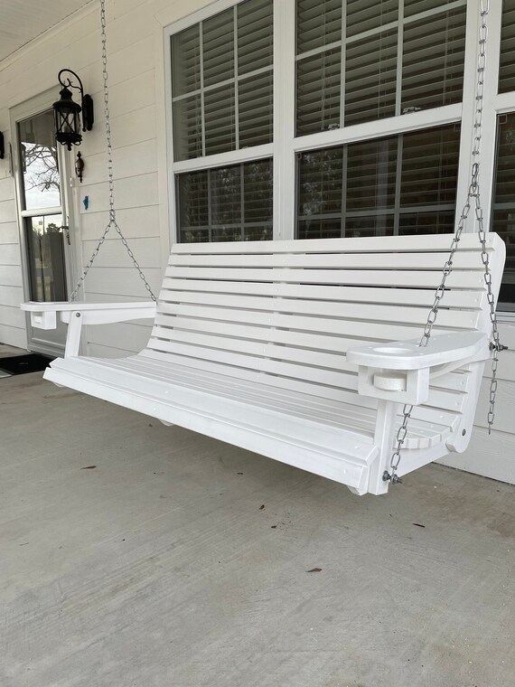 White Porch Swing with Cup Holders Heavy Duty Cypress Swing Handmade in Louisiana All Galvanized Hardware Stained in Solid White