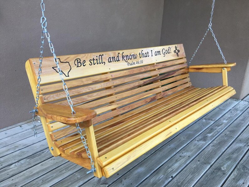 Engraved Cypress Porch Swing Handmade In Louisiana Custom Staining Cup Holders Available Free Shipping
